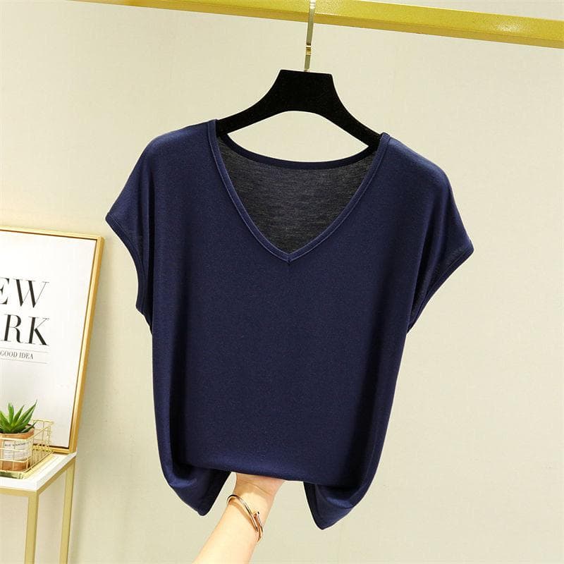Women Summer Solid V Neck Basic T Shirt Modal Loose Tee Tops Casual Undershirt L dark blue