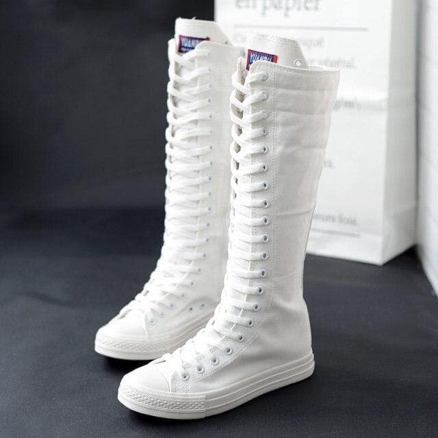 Autumn Women Shoes Canvas Casual High Top Shoes Long Boots Lace-Up Zipper Comfortable Flat Boots Sneakers 39 white