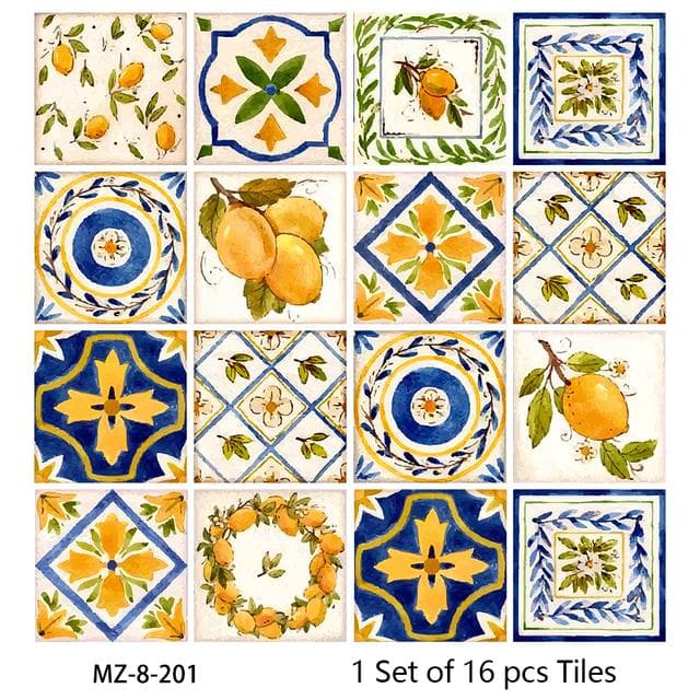16pcs Watercolor Painting Style Tiles Wall Sticker Kitchen Backsplash Wardrobe Bathroom Waterproof Peel and Stick Art Wall Decals 20cmX20cmX16pcs