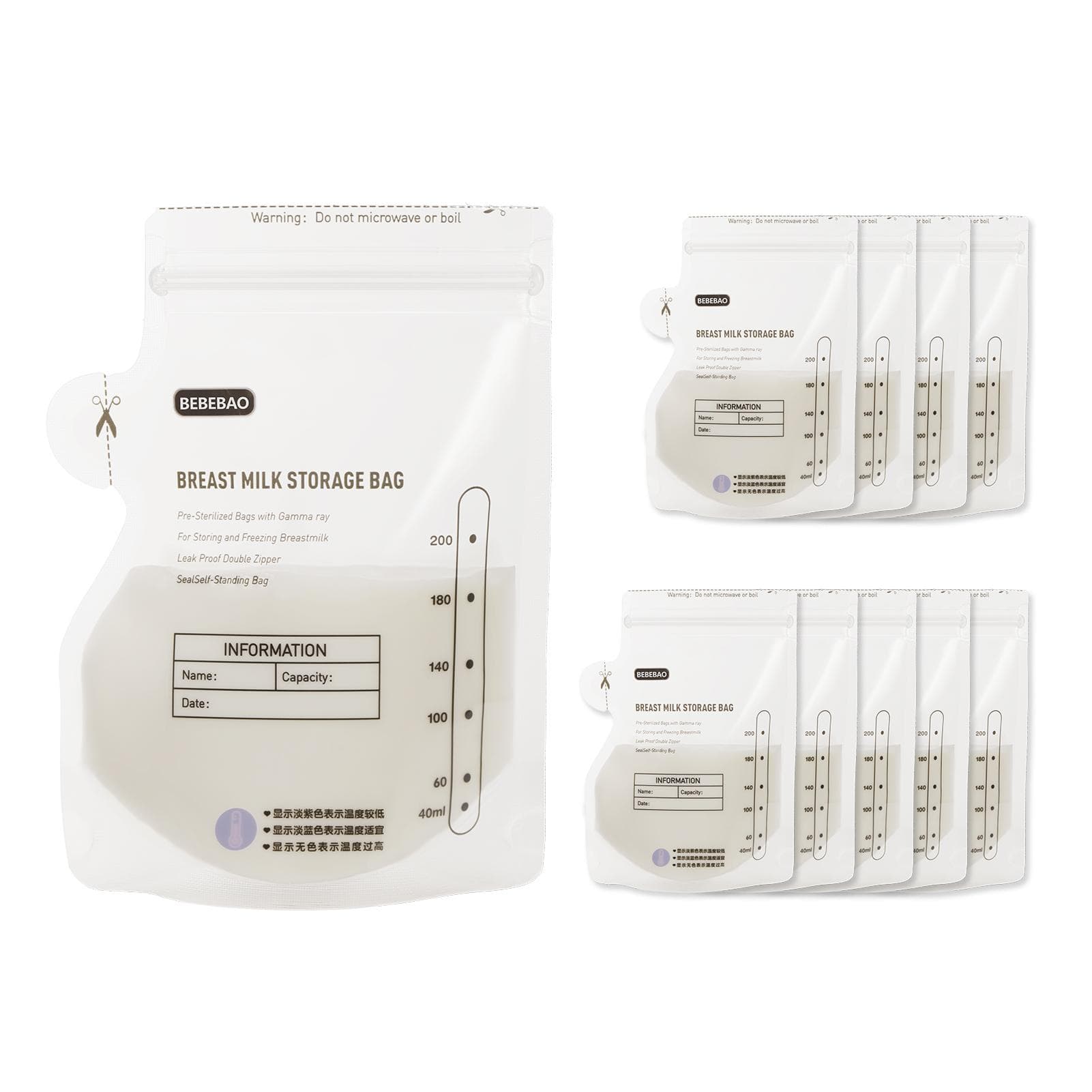 BEBEBAO Disposable Breastmilk Storage Bags 200ml Milk Storing Bags for Breastfeeding Double Zipper transparent