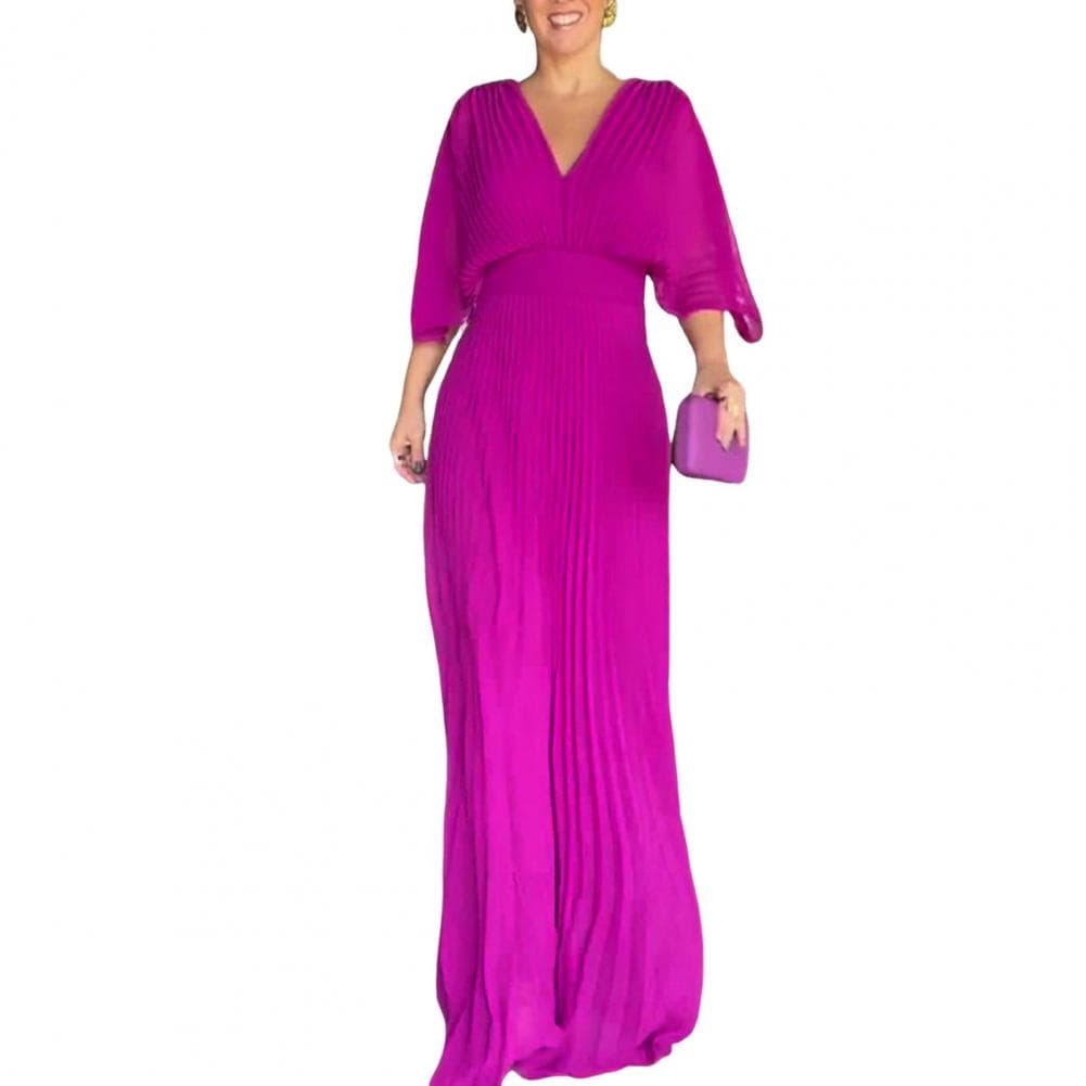 Women Dress Elegant Pleated V Neck Maxi Dress for Women Dolman Sleeves Evening Gown with Slim Waist Full Length Skirt for Party XXL purple
