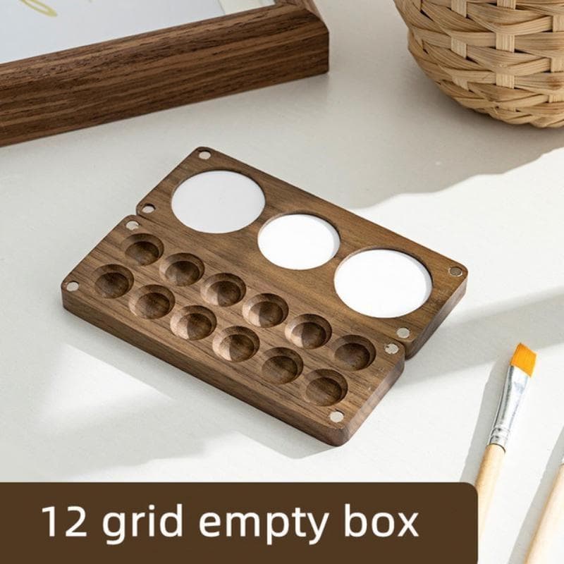 Children's Pure Handmade Style Wooden Pigment Box Watercolor Color Pigment Palette Artist Travel Sketch Painting Art Supplies 12 grid brown