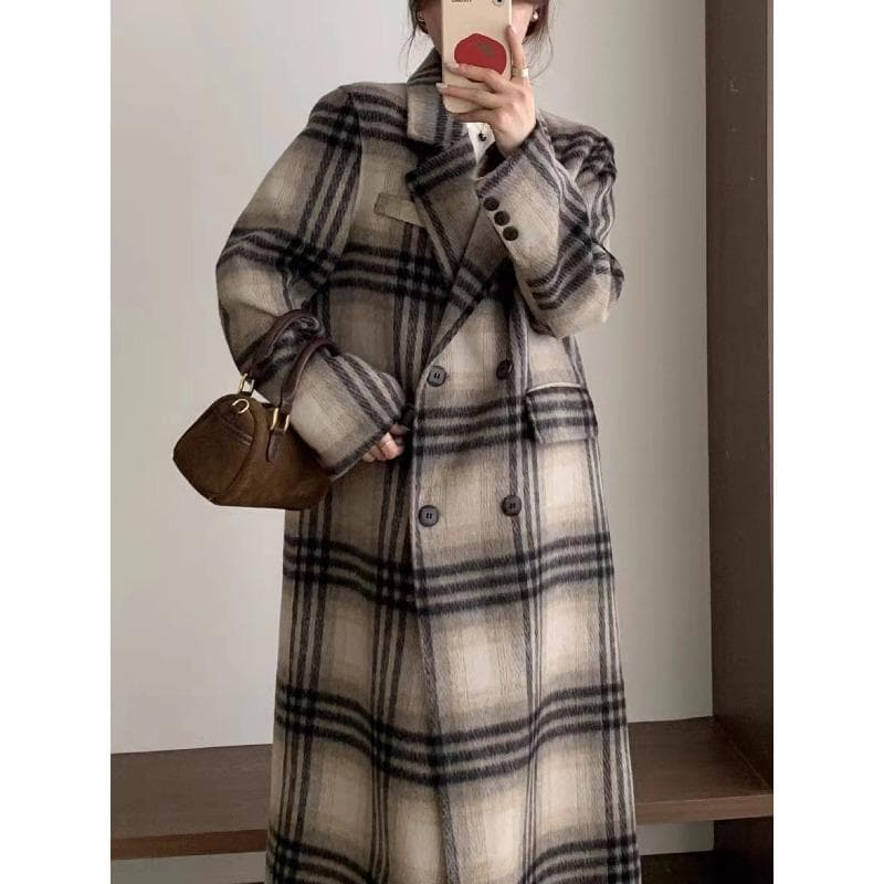 Autumn and Winter New Double-sided Cashmere Coat for Women Long-haired Korean Plaid Extra-long Style Shoulder Loose Woolen Woolen Coat M