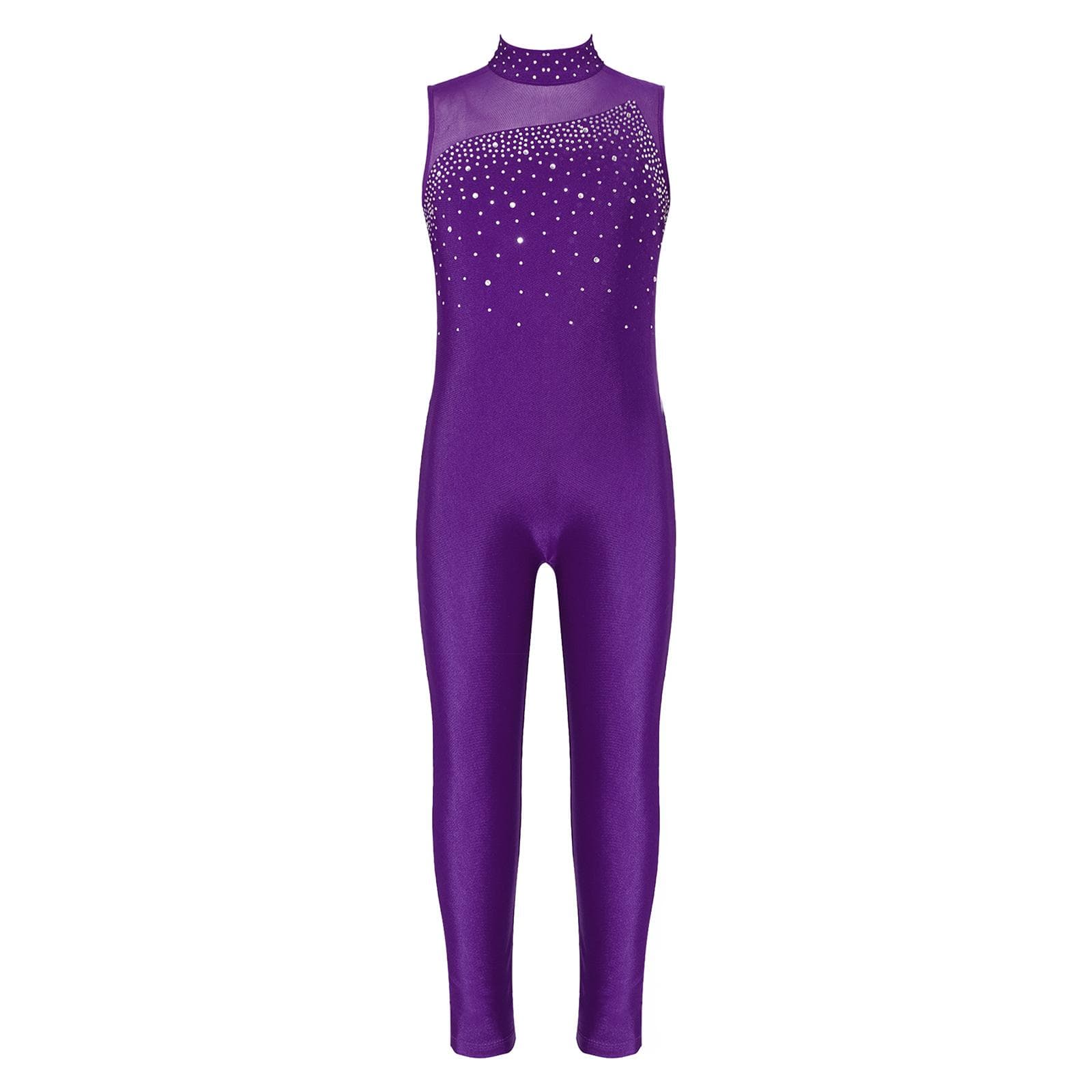 Kids Girls Sleeveless Rhinestone Leotard Round Neck Ice Skating Gymnastics Unitard Dress 15-16 Years purple