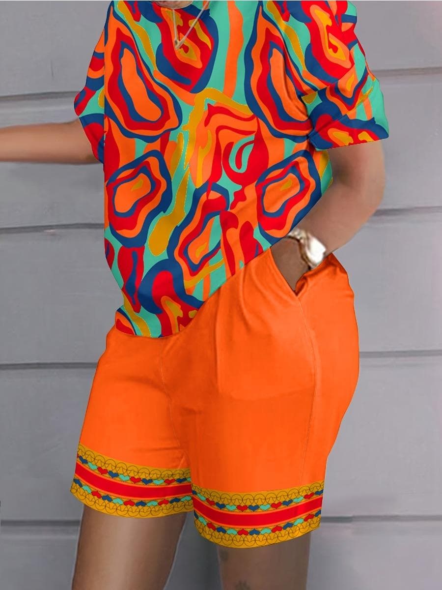 Plus Size Women's Colorful Abstract Print Summer 2-Piece Casual Short Sleeve Round Neck T-Shirt & Shorts Summer Loungewear 6XL 6XL orange