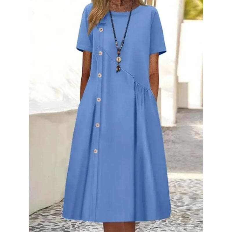 Women's Dress, Casual Button Decoration, Folded Pocket, Mid-length Dress S sky blue