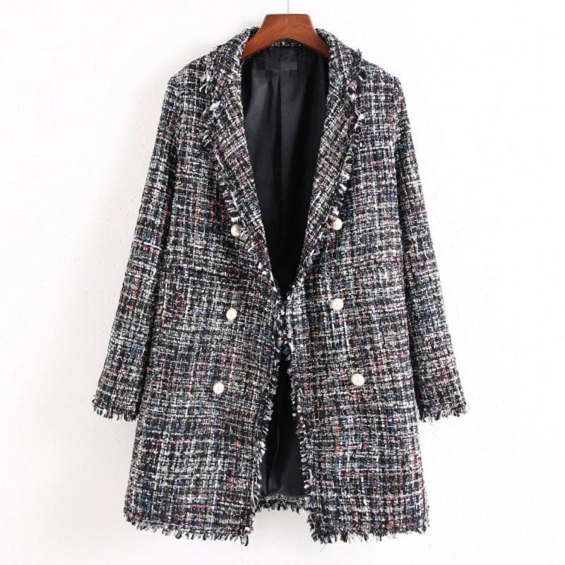 Spring and Autumn Medium and Long Pearl Button Plaid Large Size Women's Jacket M