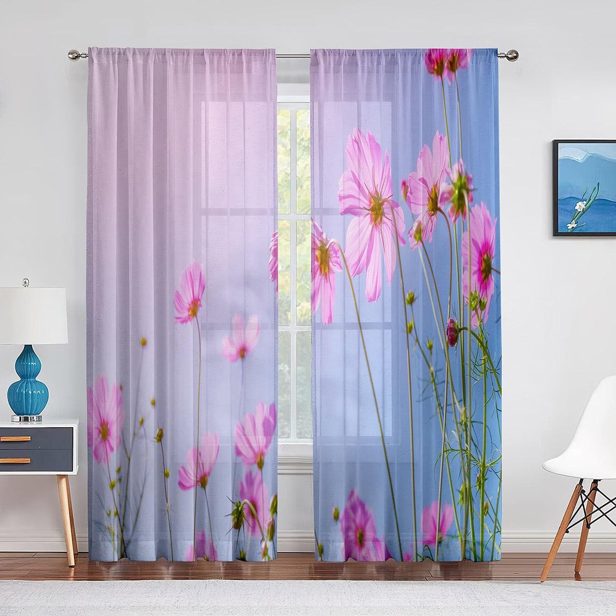 Spring Pink Floral Blooming Sheer Voile Curtain for Living Room 3D Print Tulle Curtain for Bedroom Kitchen Window Drapes Blinds 1 PCS W100XH250cm&Grommet Top