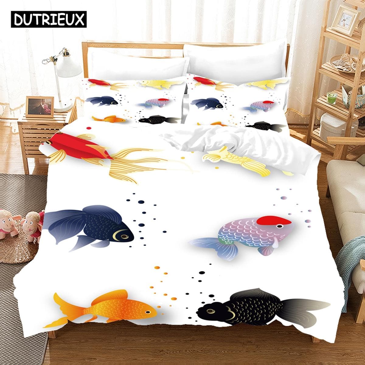 3D Printed Cartoon Fish Photo Chinoiserie Bedding Set Down Quilt Cover With Pillowcase Double Complete  King EU single(135x200cm)