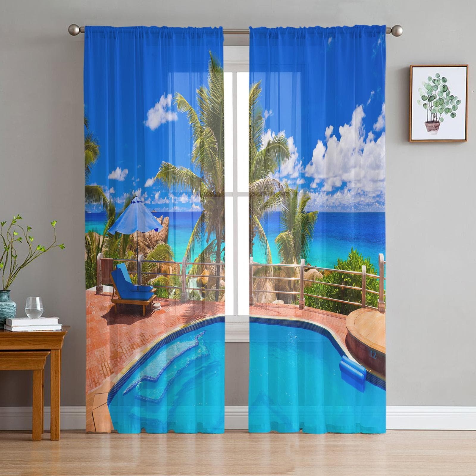 Sheer Curtains For Living Room Beach The Sea Coconut Tree Children's Bedroom Balcony Large Curtains Kitchen Dining Room Curtains 135W x 114H(cm)