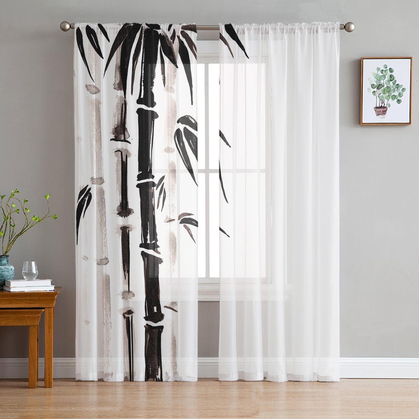 Bamboo Tree Green Plant Sheer Curtains for Living Room Transparent Tulle Window Curtain Bedroom Kitchen Home Decor Veil Drapes 135W x 114H(cm)
