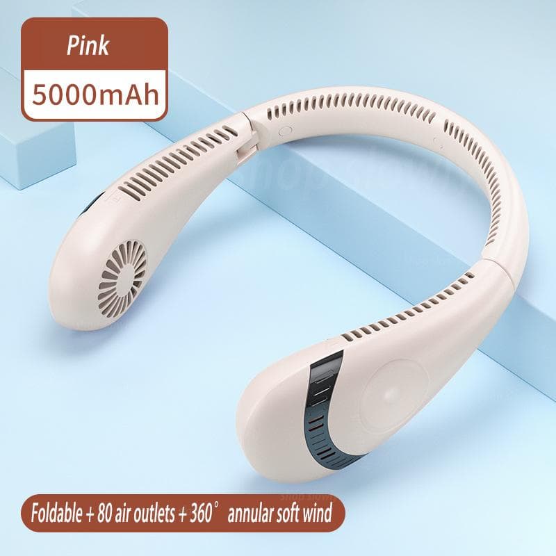 2024 Exquisite 5000mAh Hanging Dual Cooling Neck Fan Mini USB Portable Rechargeable Quiet Ventilator For Traveling Outdoor Indoor pink