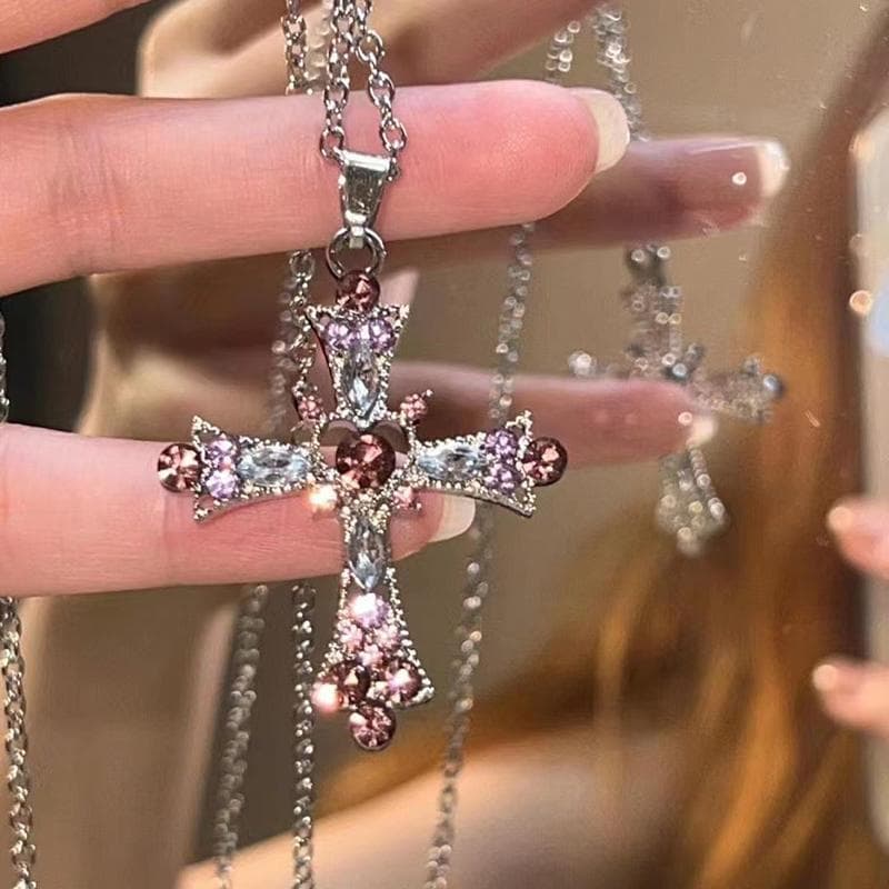 Y2K Zircon Cross Necklace Pink Purple Love Heart Cross Pendant Necklaces for Women Gothic Jewelry Party Girls Accessories pink