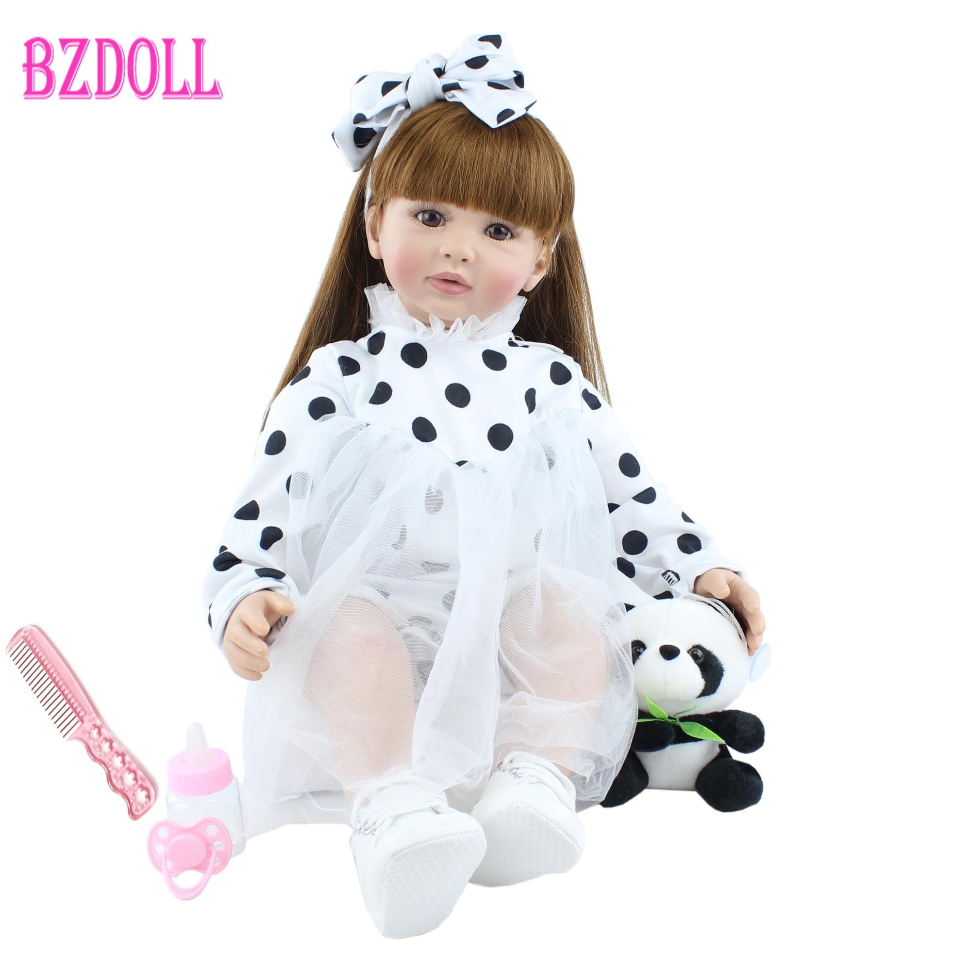 BZDOLL 60cm Soft Silicone Reborn Toddler Doll Toys 24inch Lifelike Vinyl Long Hair Princess Babies Girl Dress Up Doll With Panda 60cm Doll, Brown eyes