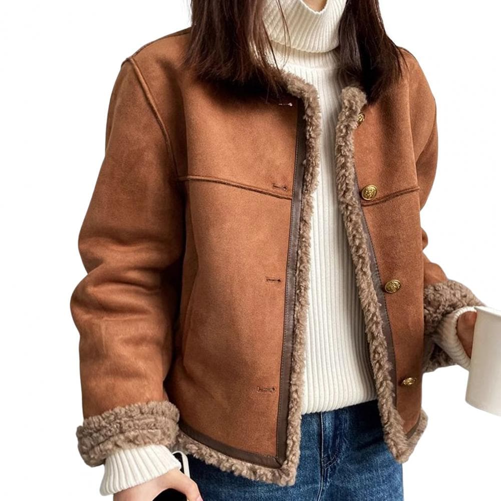 Women Winter Coat Thick Plush Short Type Round Neck Pure Color Single-breasted Loose Keep Warm Daily School Commuting Jacket L coffee