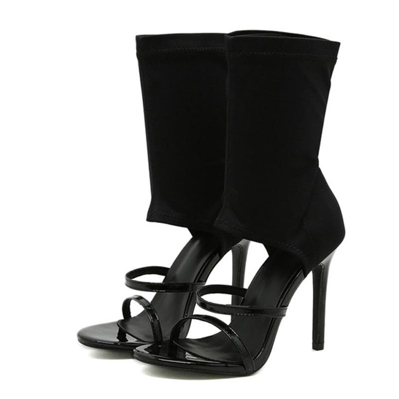 Liyke Summer Fashion Design Open Toe Slip-On Elastic Boots Sandals Women Sexy White Cut-Out Thin High Heels Ankle Booties Shoes 40 black