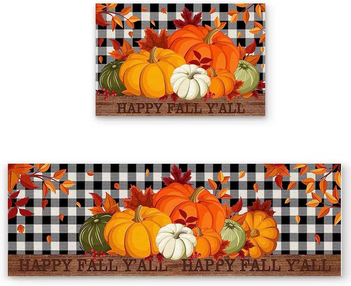2pc American Kitchen Floor Pumpkin Halloween Home Decoration Toilet Floor Mat Porch Door Mat Long Crystal Velvet Carpet 40X60and40x120cm