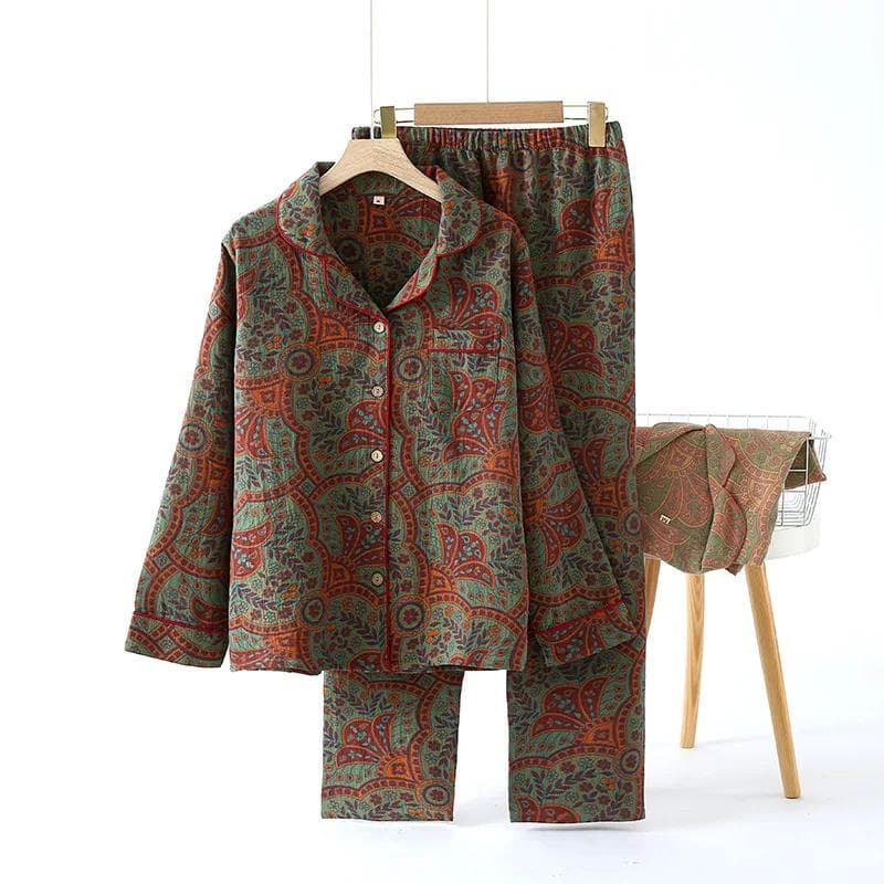 Autumn and Winter Ethnic Style Printed Women's Cotton Long Sleeved Long Trousers 2 Pcs Pajamas Set Clothes for Women L