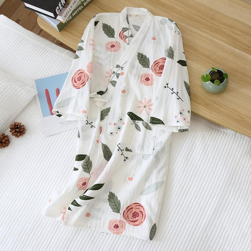 Nightgown Women's Spring Summer Bathrobe Women's 100% Cotton Tie Nightgown Flower Home Clothes L