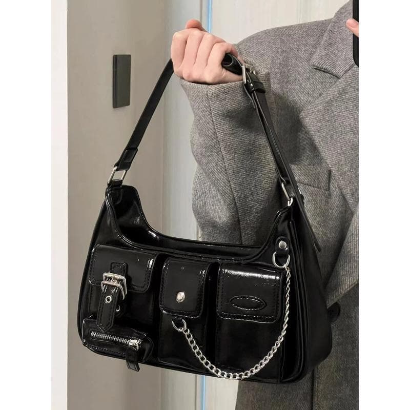 Women's Bag, Single-shoulder Bag, Black Millennial Girl Underarm Bag, Niche Hong Kong-style Motorcycle Bag, Multi-pocket Messenger Bag black