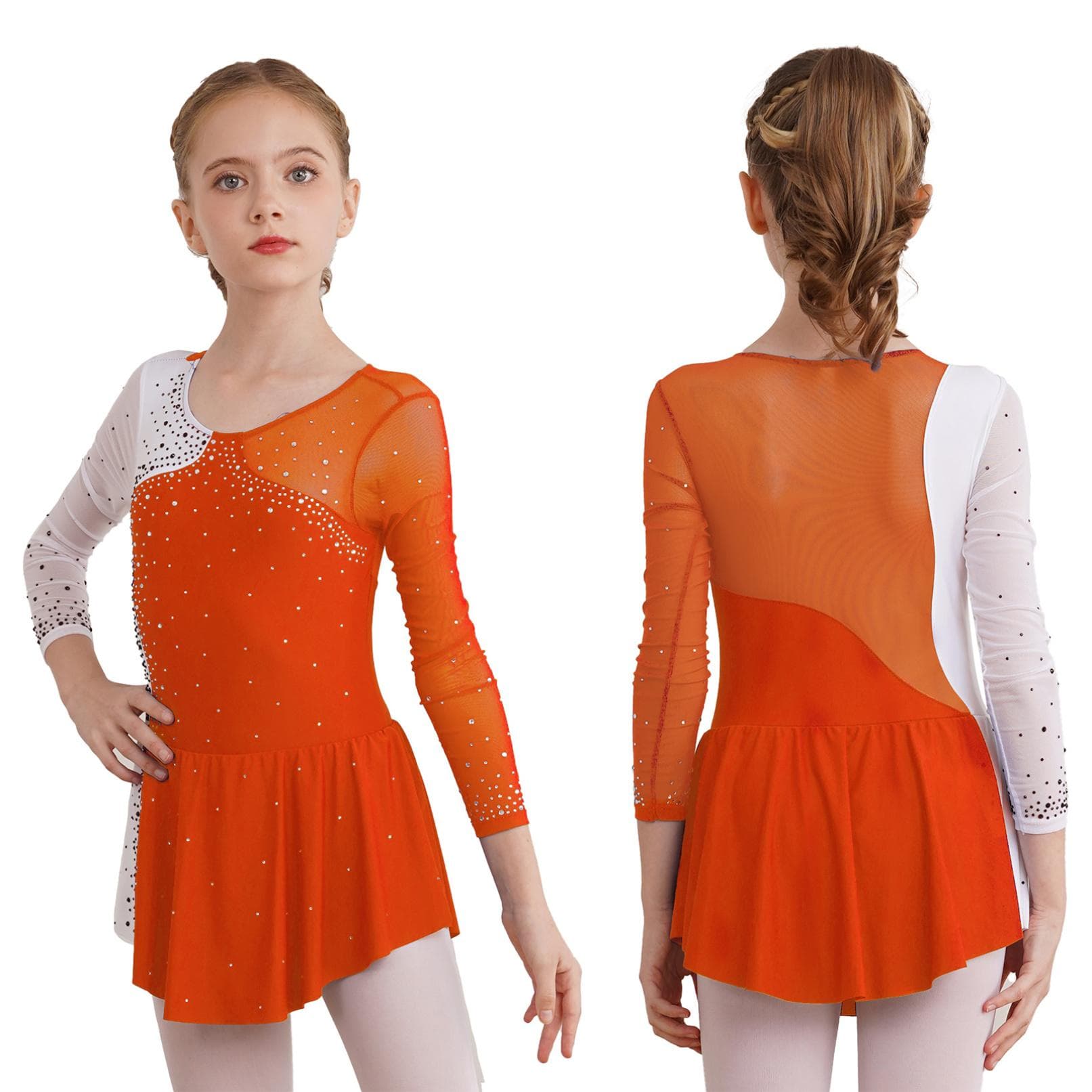 Girl Stylish Ballet Dance Dress Round Neckline Shiny Rhinestone Decorated Gymnatics Leotards Party Wear 9-10 Years orange