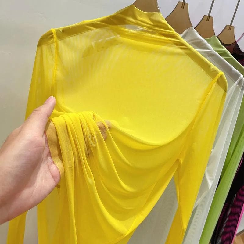 Perspective Transparent Mesh Bottom Shirt Women's Summer Long Sleeve Blouse Solid Gauze Sunscreen Clothing Ultra-thin Half High Collar Top L yellow