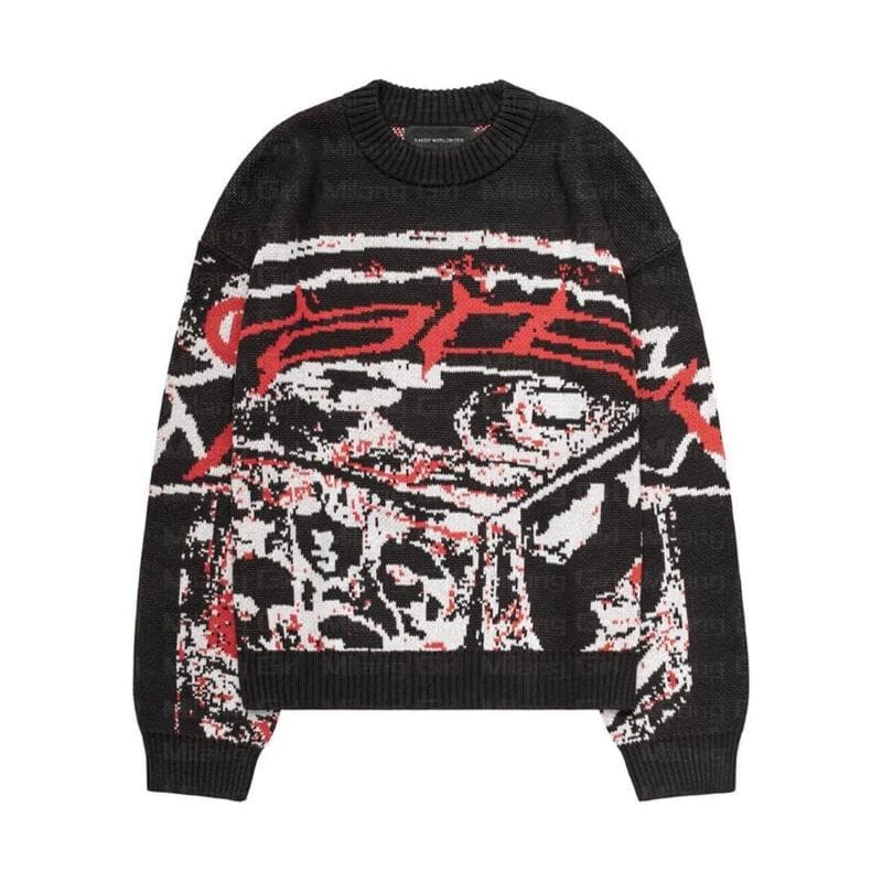 Y2K emo Men's Pullovers Sweaters Creative Anime Women's Knitted Streetwear Maiden Oversized Harajuku O Neck Knitwear Clothes L black