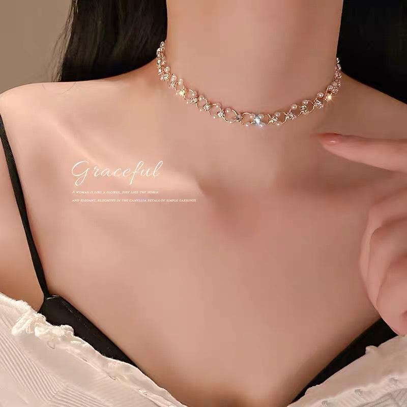 Elegant White Imitation Pearl Choker Crystal Chain Necklace for Women Korean Wedding Jewelry Collar Gifts