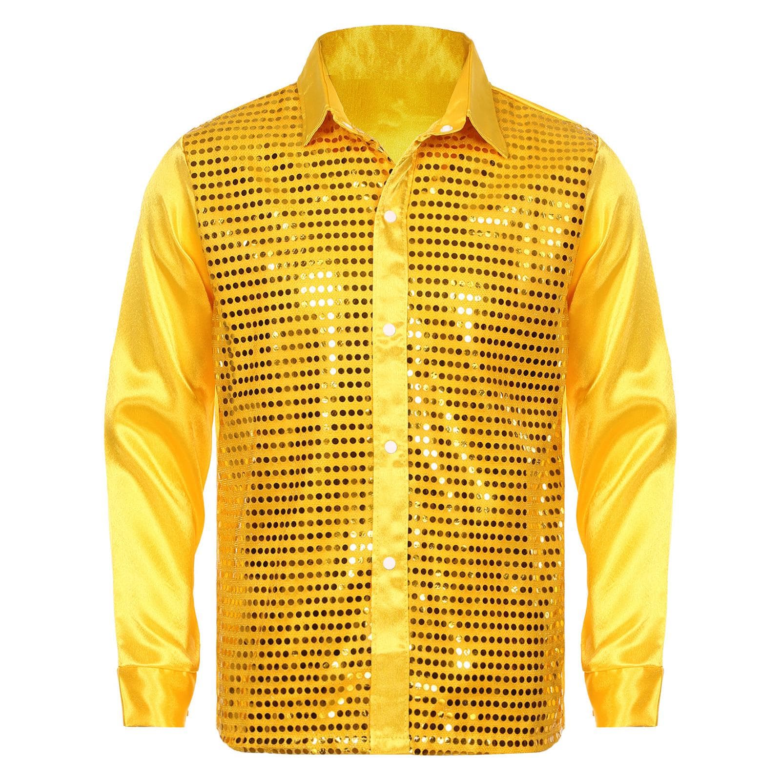 Mens Sequined Latin Dance Shirt Turn-Down Collar Long Sleeve Stage Costume Sparkly Jazz Performance Top S yellow