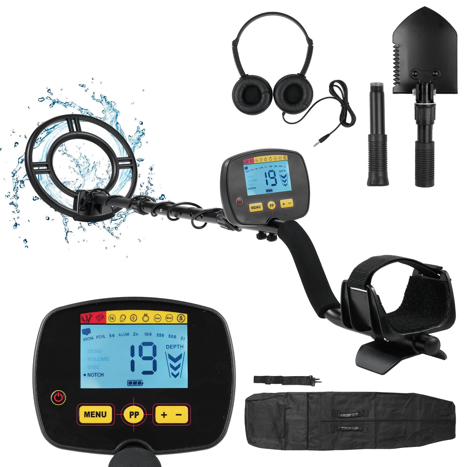 Metal Detector for Adults Professional High Sensitivity Waterproof Search Coil 4 Adjustable Modes with headphones & shovel black