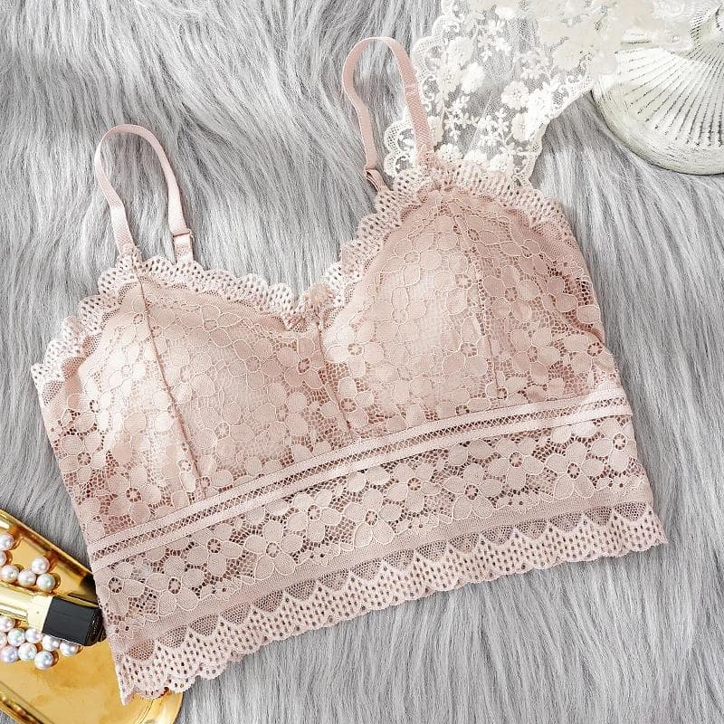 Women Lace Bras Top Comfortable Bralette Solid Color Add Pad Lingerie Beauty Back Underwear Sexy Vest Female Wireless Bra pink