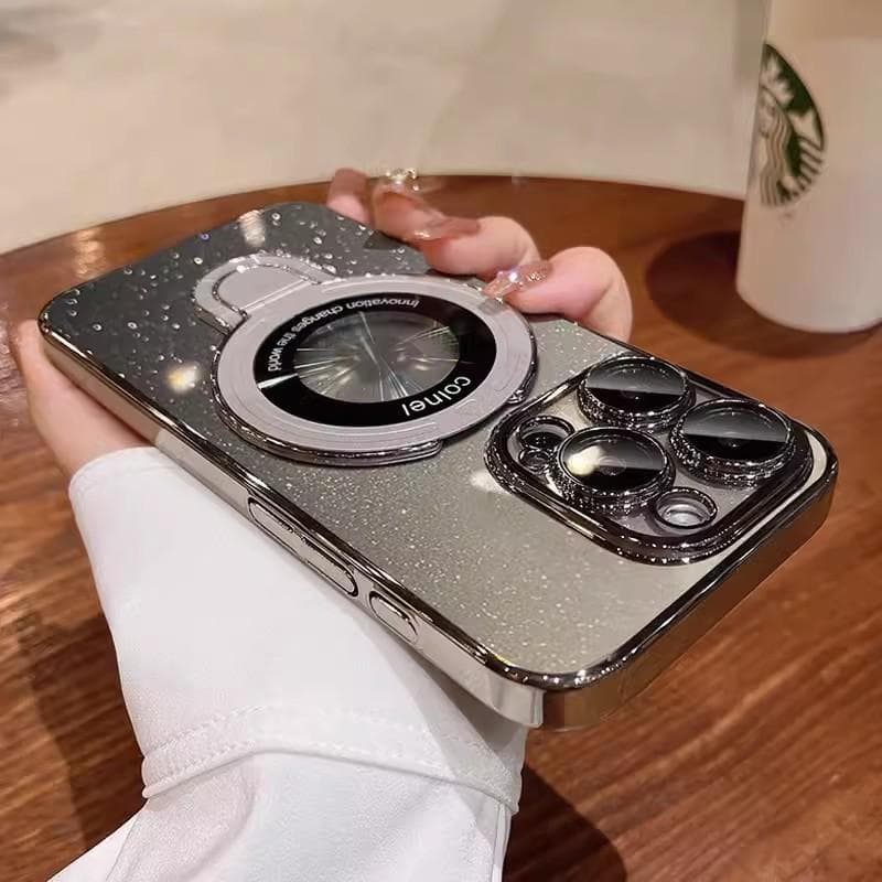 Applicable To IPhone16pro Magnetic Bracket Mobile Phone Case Plating 15 Starry Sky Flash Powder Apple 14 Full-inclusive Protection Case iPhone12pro