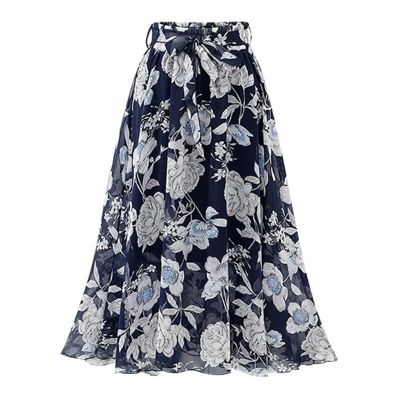 Chiffon Skirt for Women Summer 200 Jin New Mid-length Floral Skirt High Waist Large Size Long Skirt Slim A-line Gauze Skirt 6XL blue