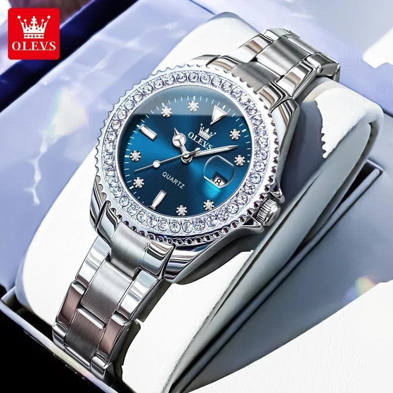 OLEVS Women's Watches Elegant Full Diamond Dial Solid Stainless Steel/Leather Auto Date Waterproof Quartz Watch for Women blue