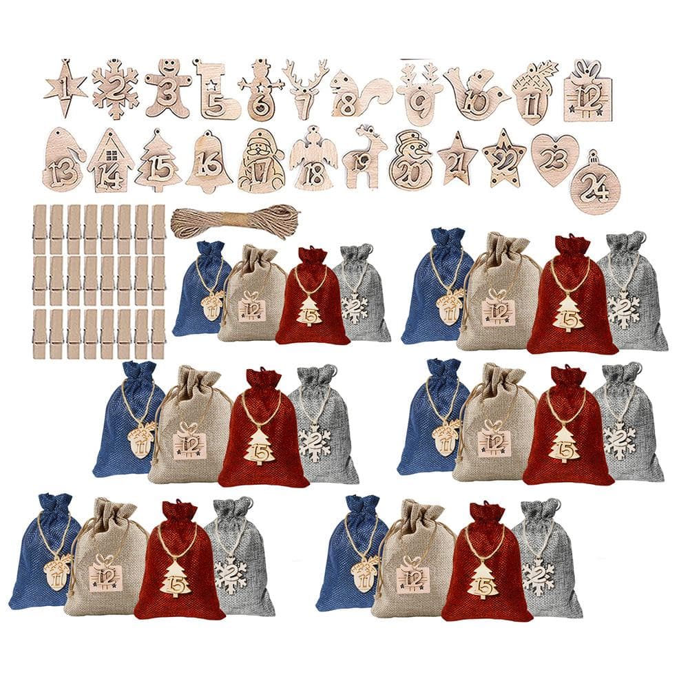 24 Advent Calendar for Filling Bags DIY Christmas Drawstring Gift Bag with Clips and Hemp Rope for