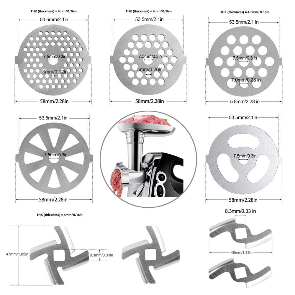 Stainless Steel Meat Grinder Accessories: Knife, Blade, Hole Plate, Sausage Stuffer, and Grinder Rod. Stainless Steel 420