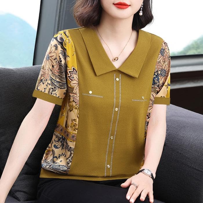 Short-sleeved T-shirt Women's Summer New Doll Collar Mother T-shirt Large Size Fat Mm Loose Women's Top 4XL yellow
