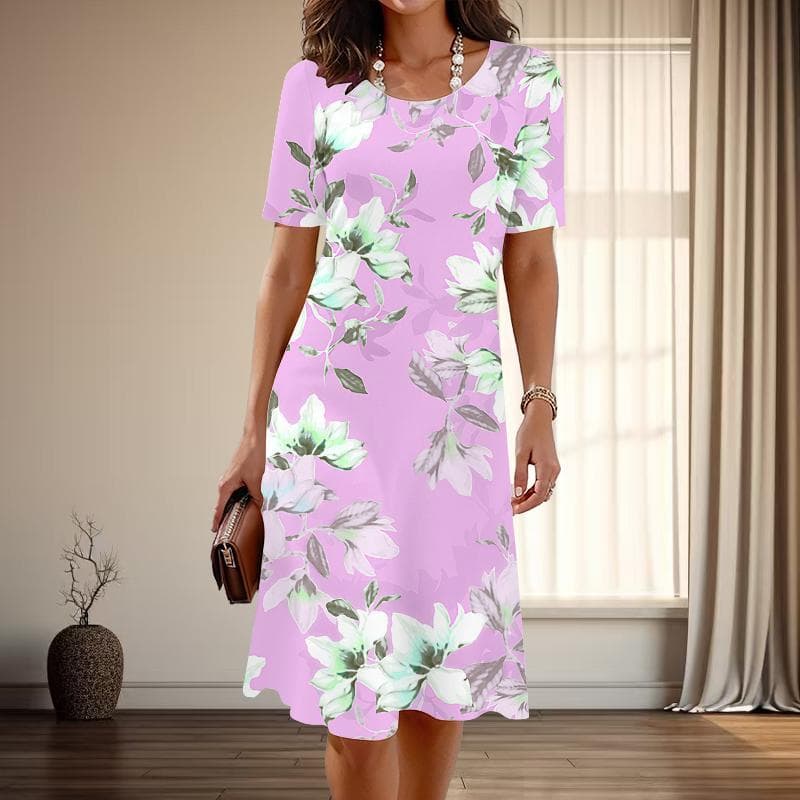 Women's Fashion Graceful Flower Print Summer Spring Short Sleeve O-Neck Casual Dresses XS pink