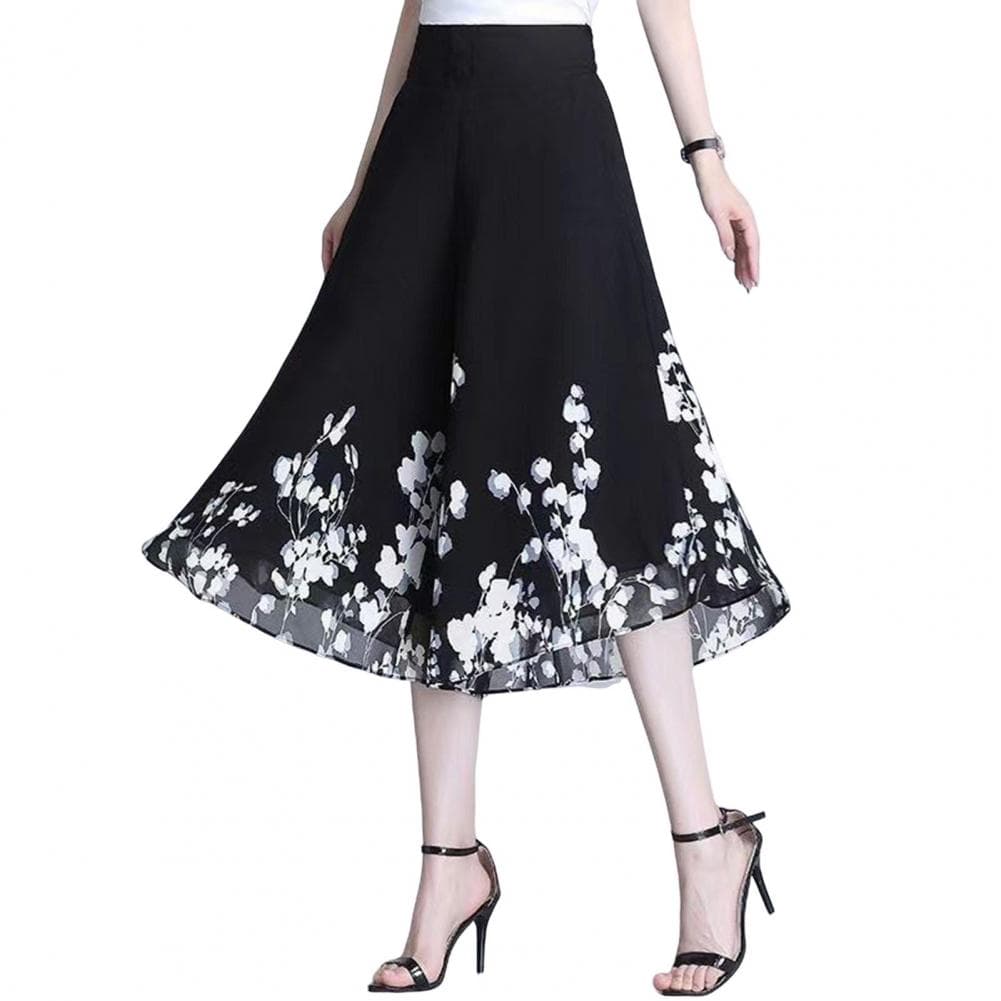 Women Cropped Pants Wide Leg Thin Chiffon Trousers Elastic High Waist Flower Print Loose Fit Culottes Streetwear M white