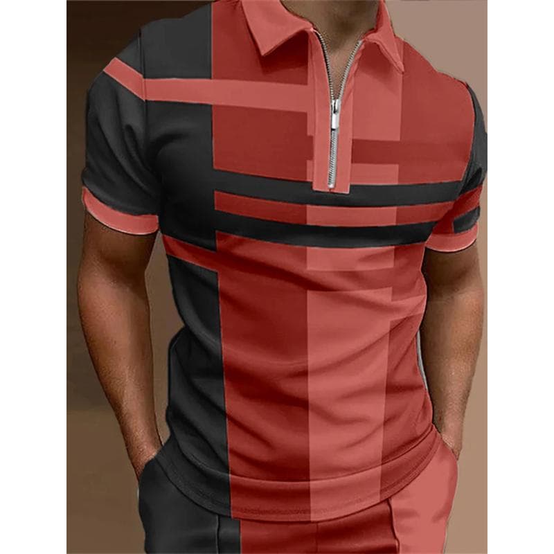 Men's Geometric Pattern Printed Design Polo Shirt with Short Sleeves and Lapel, Daily Casual Short Sleeved Polo Shirt. L brown