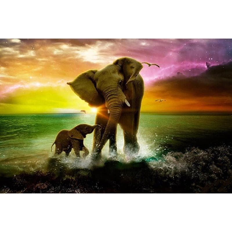 DIY Diamond Painting Round Two Showing Elephants Picture Cross Stitch Rhinestone Room Decoration 20X30CM