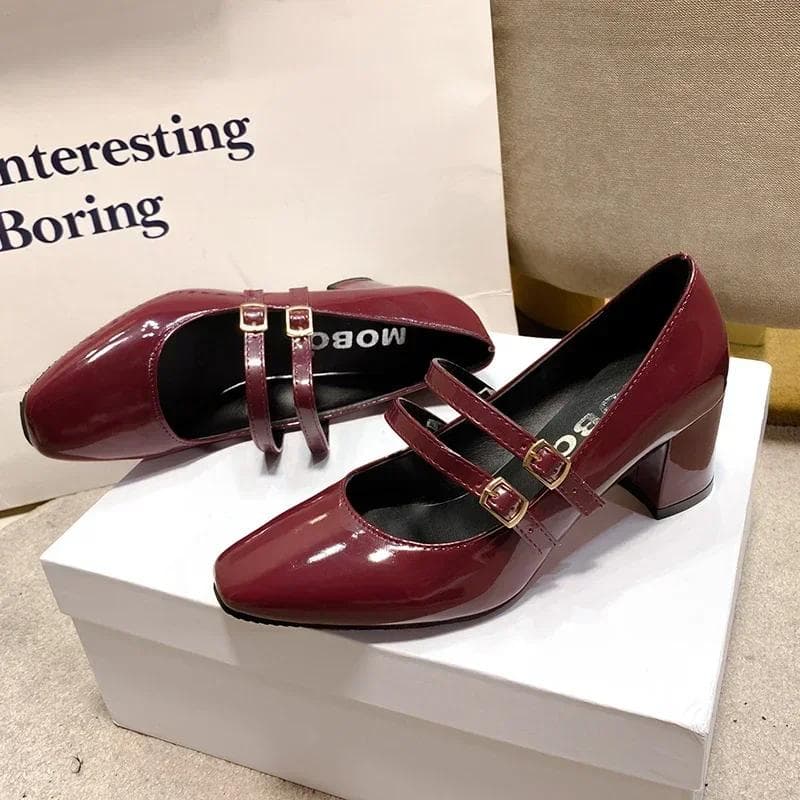 Spring Autumn Women Double Buckle Mary Janes Shoes Patent Leather Dress Square Head Square Heel Solid Color Women's Shoes 34 wine red