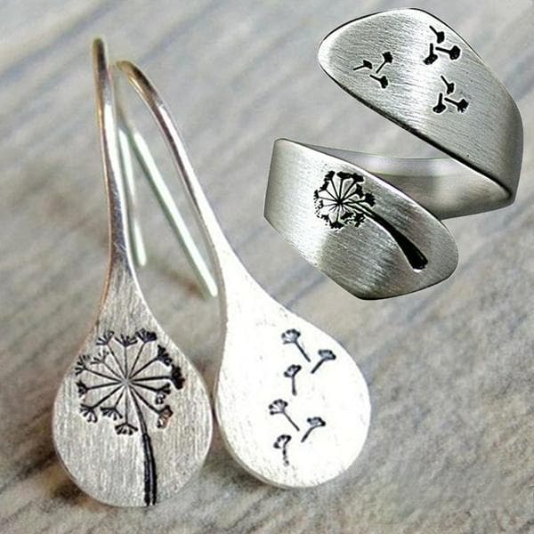 Women Vintage Earring Dandelion Design Classical Style Elegant Ear Stud Earring Dandelion Spiral Opening And Finger Ring Adjustable Jewelry Set Earrings+Ring