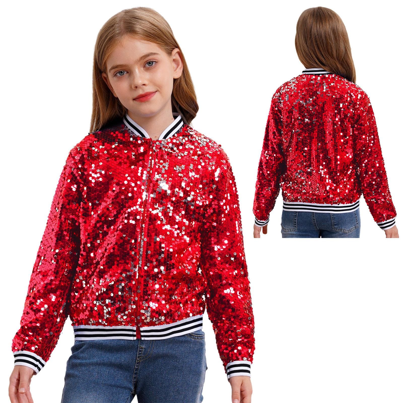 Boys Girls Baseball Jacket Coat Spring Autumn Fashion Sequins Long Sleeve Zipper Outerwear Street Dancing Party Bomber Jackets 9-10 Years red