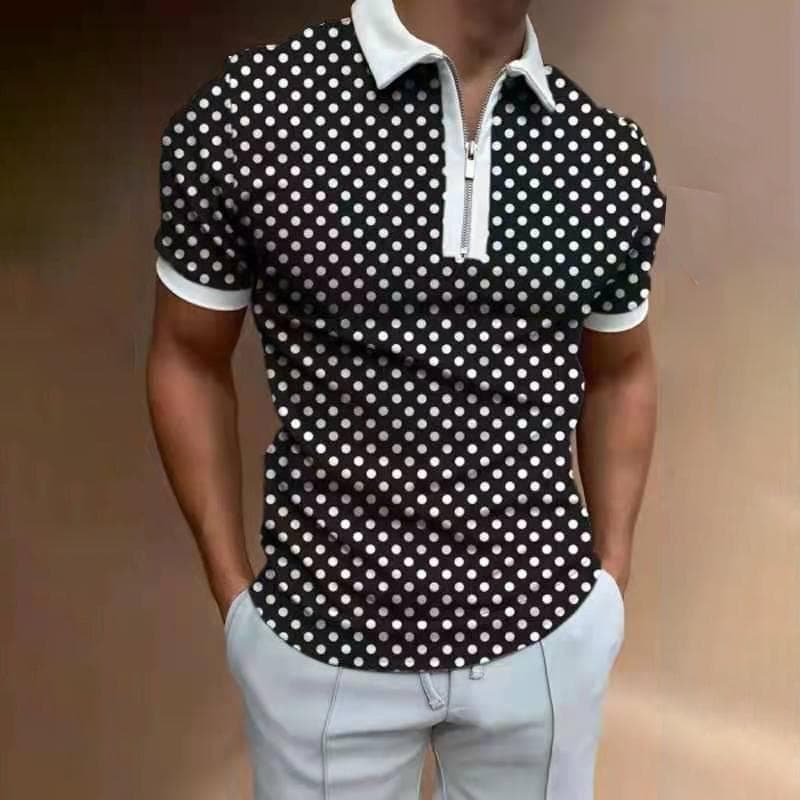 Men's Casual Polka Dot Print Short Sleeve Zipper POLO Shirt T-shirt M black