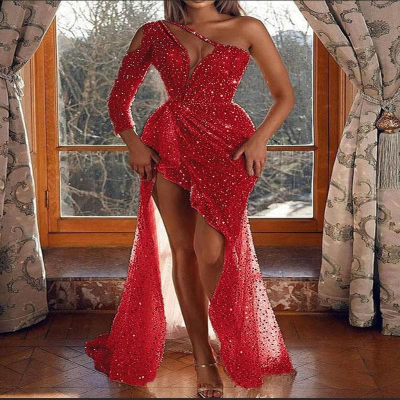 Dreamy High-Slit Sequin Evening Dress - Long Sleeve Women's Formal Wear 3XL red