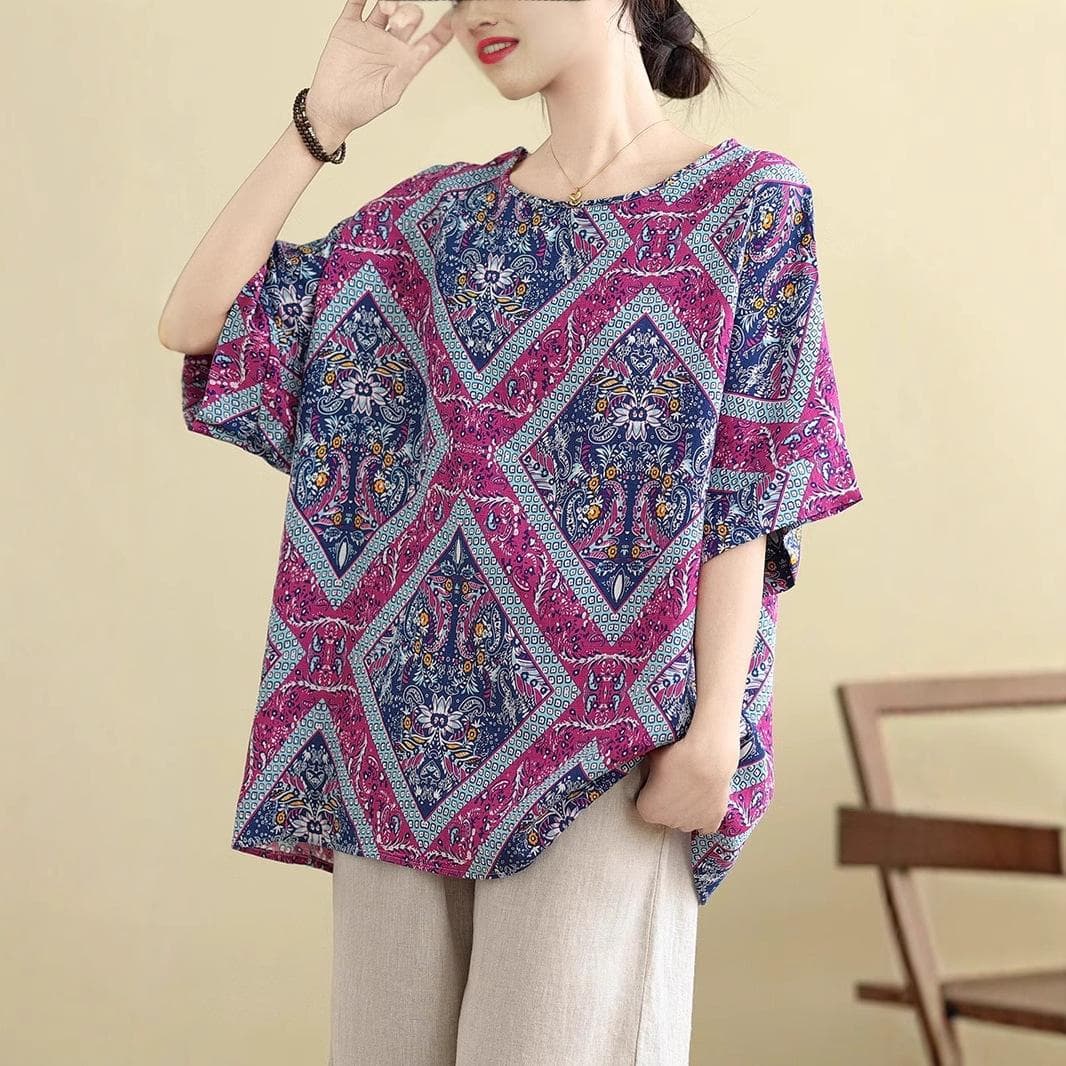 Cotton and Linen Large Size Loose Slim Top Summer Ethnic Style Middle-aged and Elderly Retro Casual Versatile Belly-covering Short-sleeved T-shirt 3XL purple