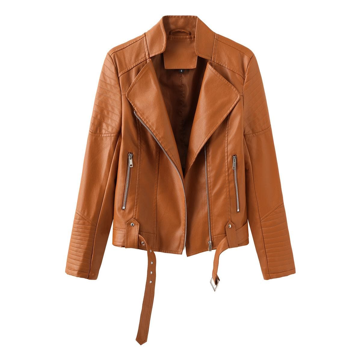 Street Trendy Leather Jacket with Belt, Long-sleeved Spring and Autumn Thin Women's Jacket, European and American V-neck PU Jacket 2XL