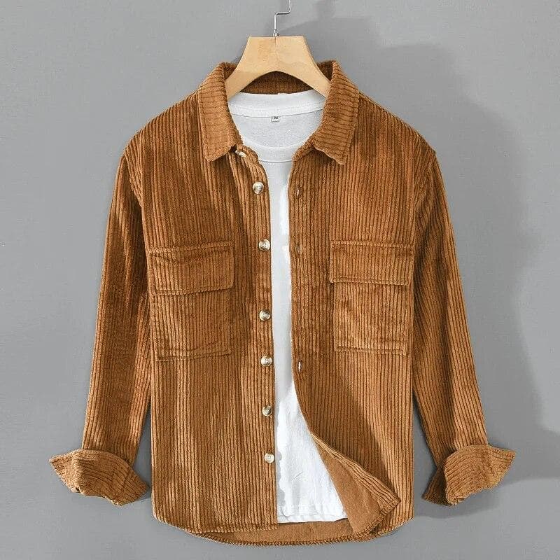 Autumn Winter Men's Shirt Pure Cotton New Casual Cargo Long Sleeve Top Lapel Collar Pockets Corduroy Shirts Youth Fashion Clothing M khaki