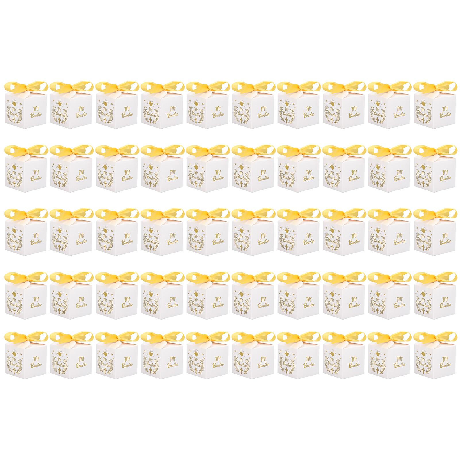 50pcs Party Favor Boxes Paper Material Mi Bautizo Pattern Equipped Gold Ribbon White Wedding Gift